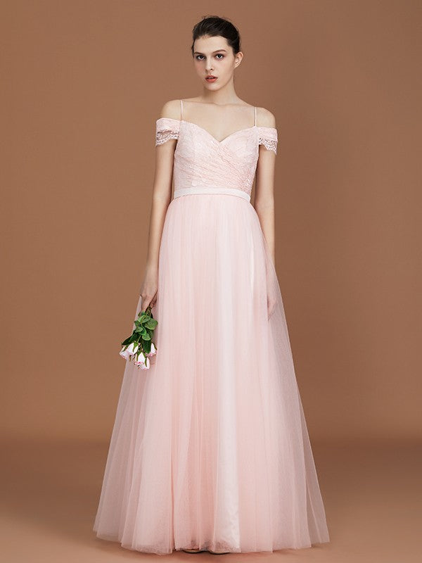 A-Line/Princess Short Sleeves Lace Spaghetti Straps Ruched Sweetheart Floor-Length Tulle Bridesmaid Dresses