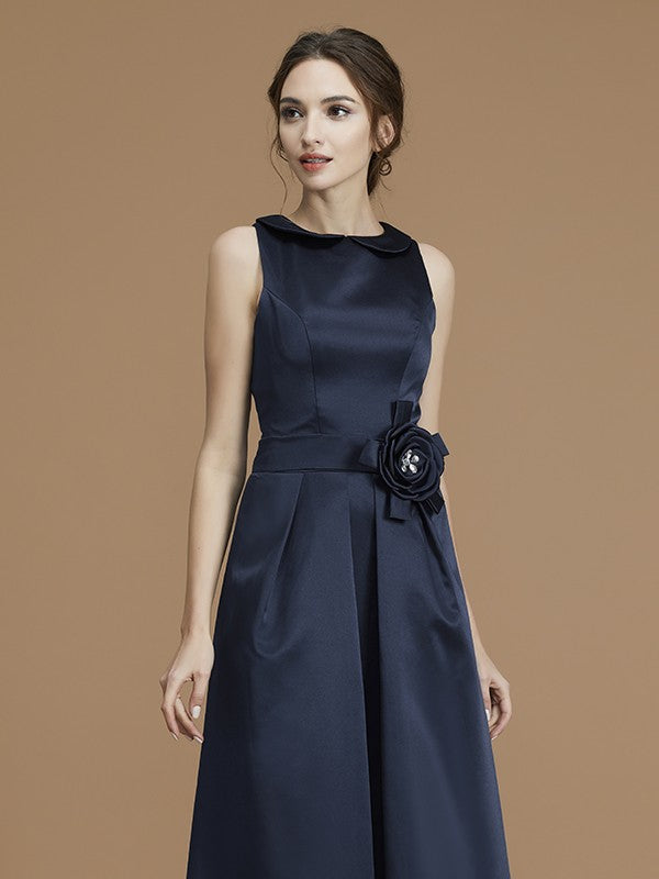 A-Line/Princess Bateau Sleeveless Floor-Length Hand-Made Flower Satin Bridesmaid Dresses