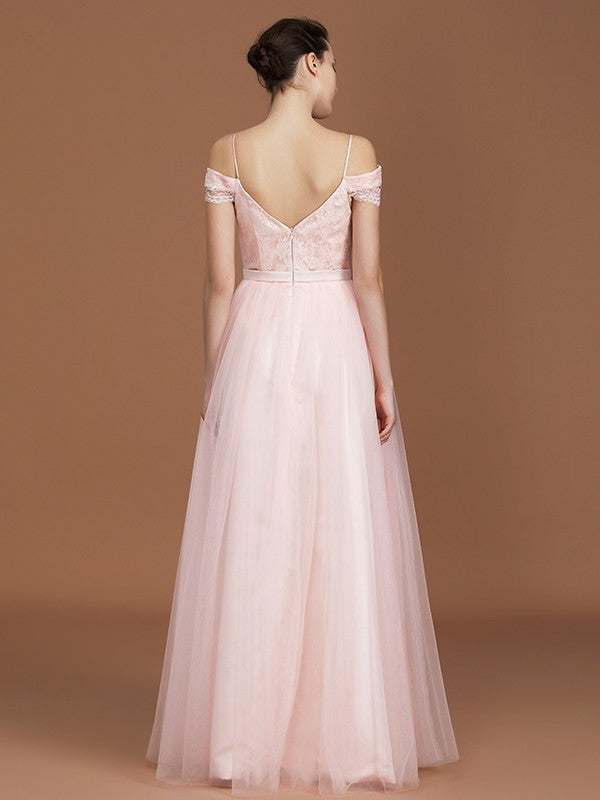 A-Line/Princess Short Sleeves Lace Spaghetti Straps Ruched Sweetheart Floor-Length Tulle Bridesmaid Dresses