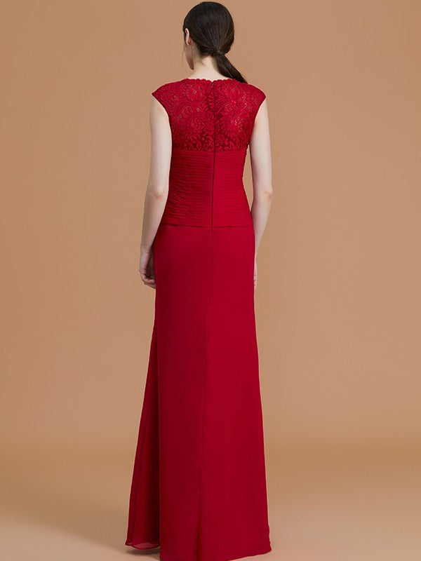 Sheath/Column Jewel Sleeveless Floor-Length Lace Chiffon Bridesmaid Dresses