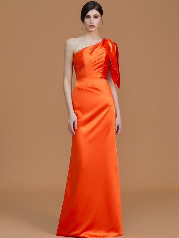 Trumpet/Mermaid One-Shoulder Sleeveless Floor-Length Ruched  Woven Satin Bridesmaid Dresses