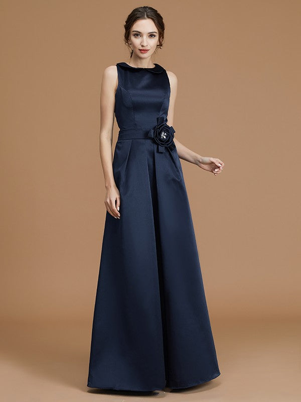 A-Line/Princess Bateau Sleeveless Floor-Length Hand-Made Flower Satin Bridesmaid Dresses