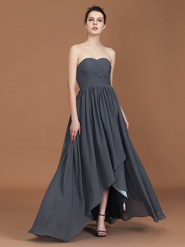 A-Line/Princess Asymmetrical Sleeveless Ruched Sweetheart Floor-Length Chiffon Bridesmaid Dresses