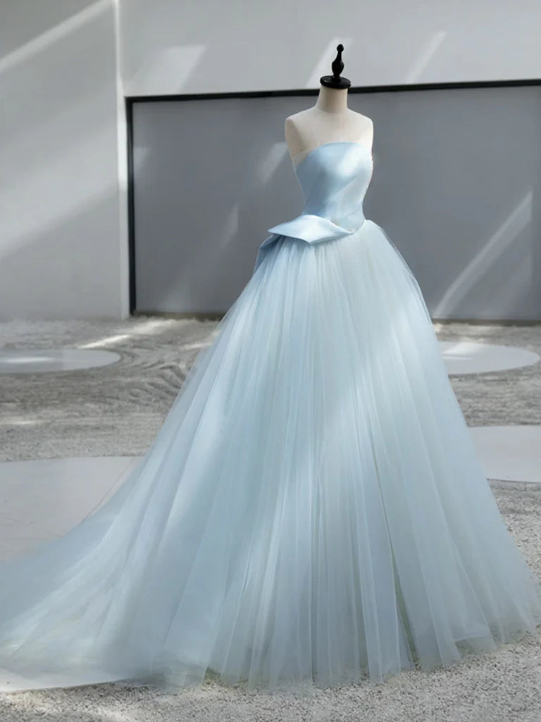 Buyishang A-Line Tulle Blue Long Prom Dress Blue Tulle Long Formal Dress