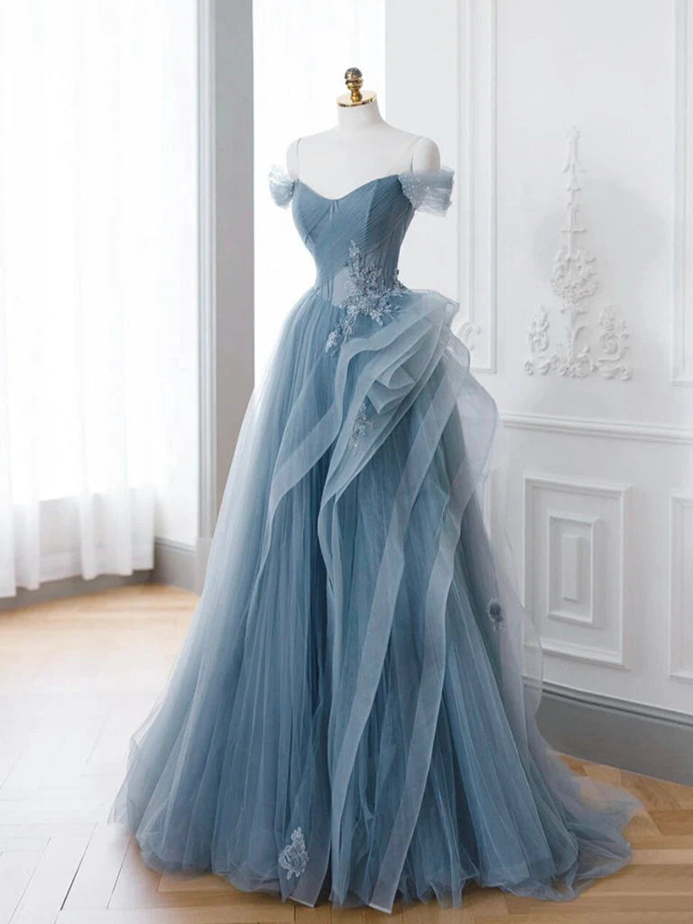 Buyishang A-Line off Shoulder Tulle Lace Gray Blue Long Prom Dress Blue Long Formal Dress