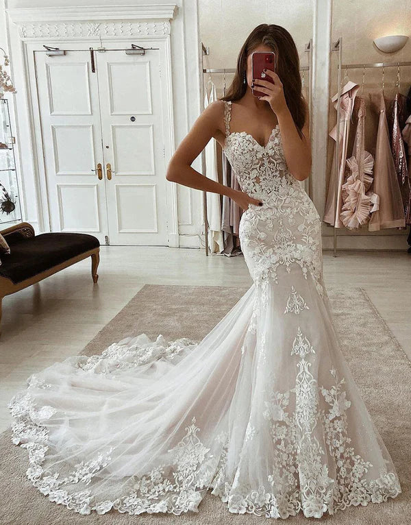 Buyishang Mermaid Sweetheart Spaghetti Straps Wedding Dress With Appliques