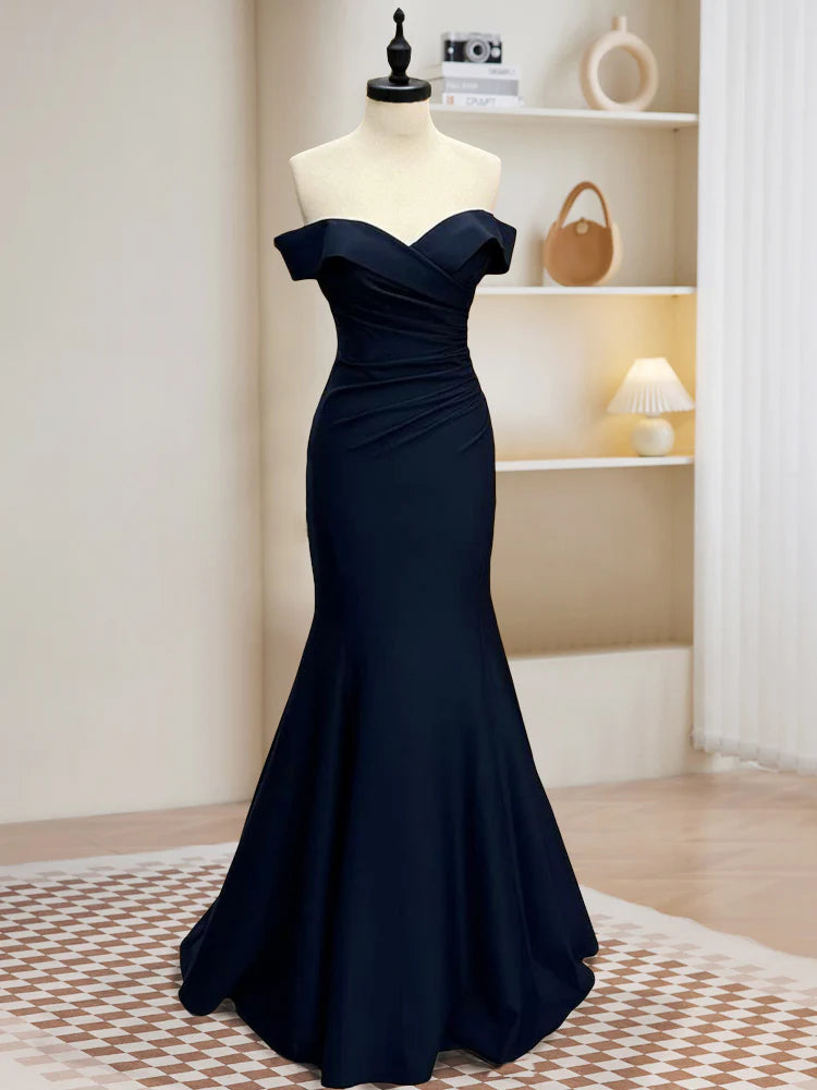 Buyishang Mermaid Satin Dark Blue Long Prom Dress Dark Blue Long Formal Dress