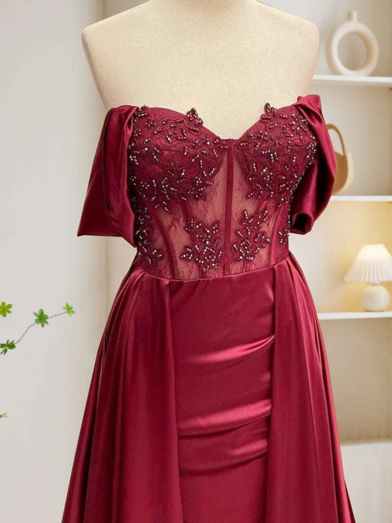 Buyishang Burgundy A-Line Off Shoulder Satin Lace Long Prom Dress Burgundy Long Formal Dress