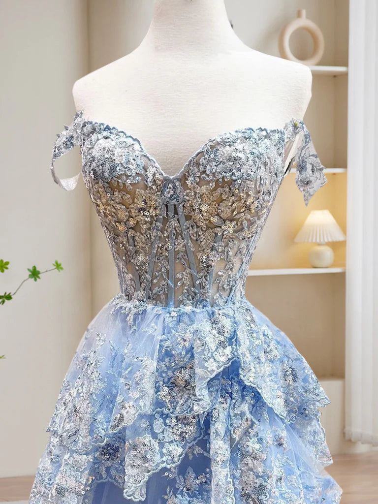Buyishang A-Line Tulle Sequin Blue Long Prom Dress Blue Sequin Long Formal Dress