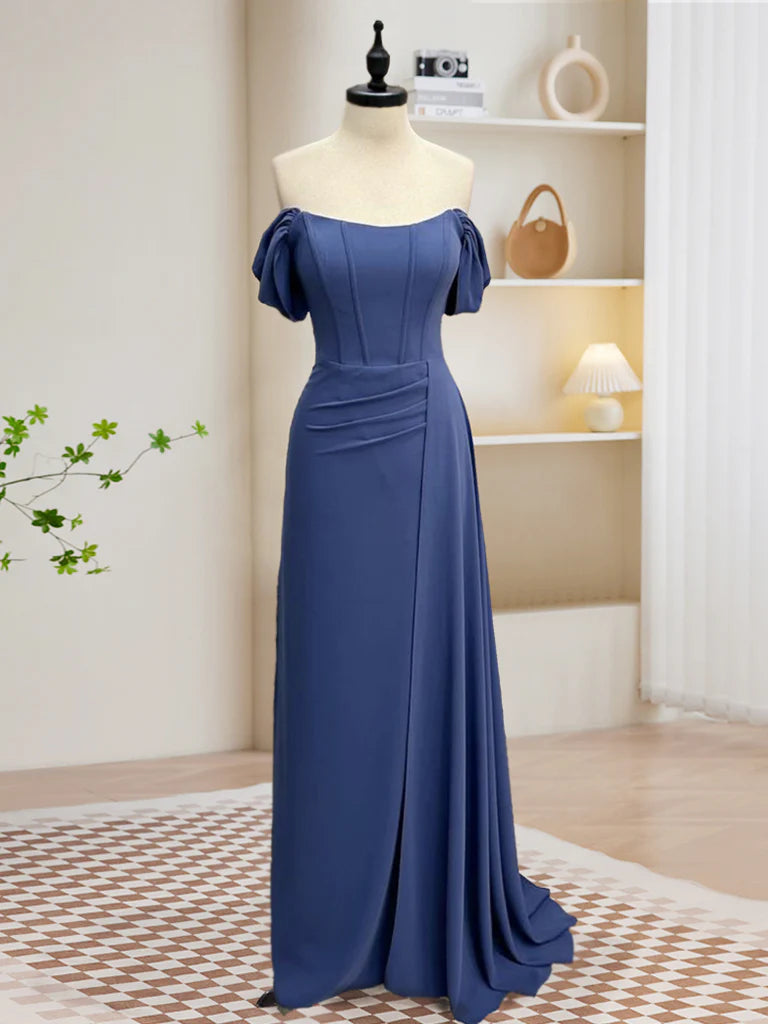 Buyishang Simple Off Shoulder Gray Blue Long Prom Dress Gray Blue Long Formal Dress
