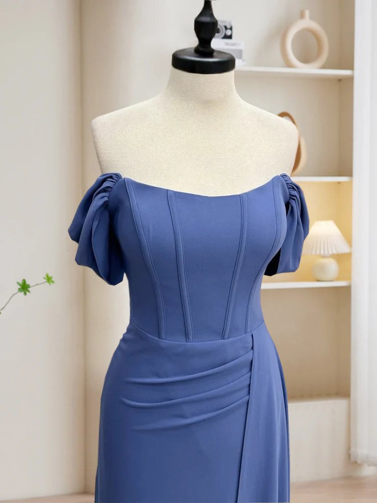 Buyishang Simple Off Shoulder Gray Blue Long Prom Dress Gray Blue Long Formal Dress