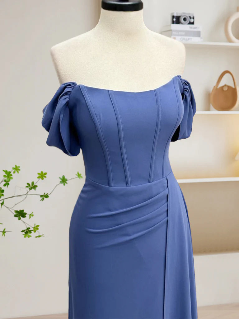 Buyishang Simple Off Shoulder Gray Blue Long Prom Dress Gray Blue Long Formal Dress