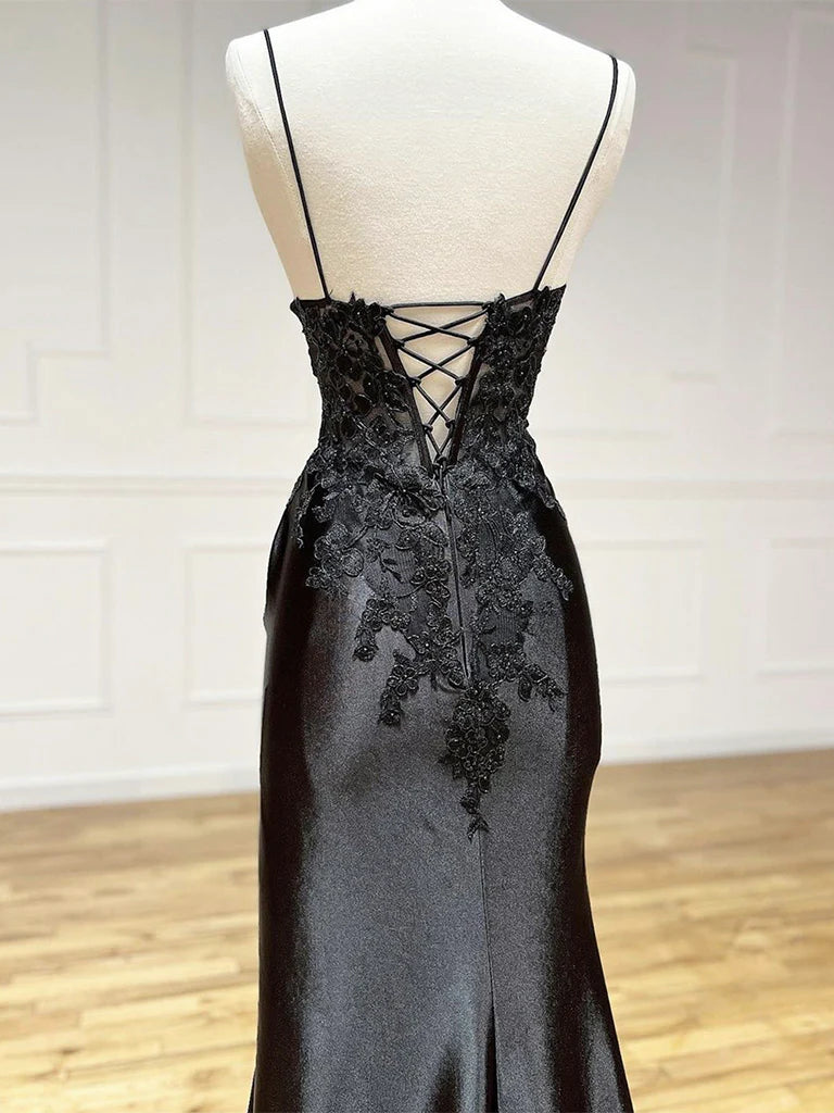 Buyishang Black V Neck Satin Lace Long Prom Dress Black Lace Long Evening Dress