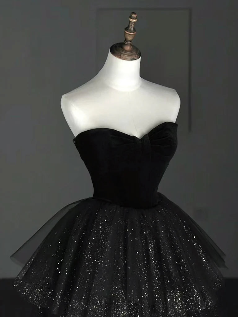 Buyishang A-Line Sweetheart Neck Tulle Velvet Black Long Prom Dress Black Evening Dress