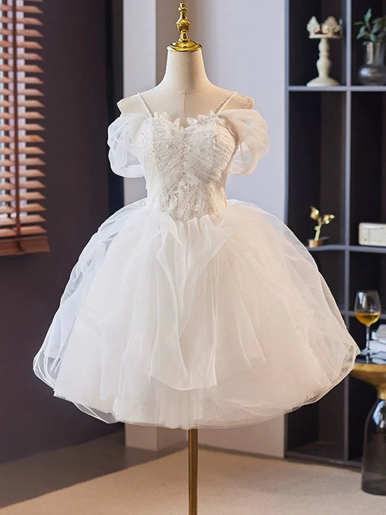 Buyishang Off Shoulder Sweetheart Neck Tulle Lace White Short Prom Dress