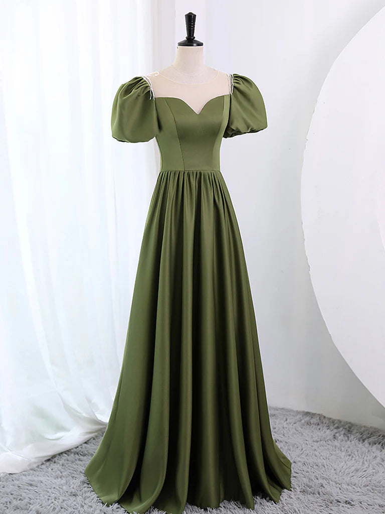 Buyishang A-Line Scoop Neckline Puff Sleeves Satin Long Green Prom Dress Green Formal Dress