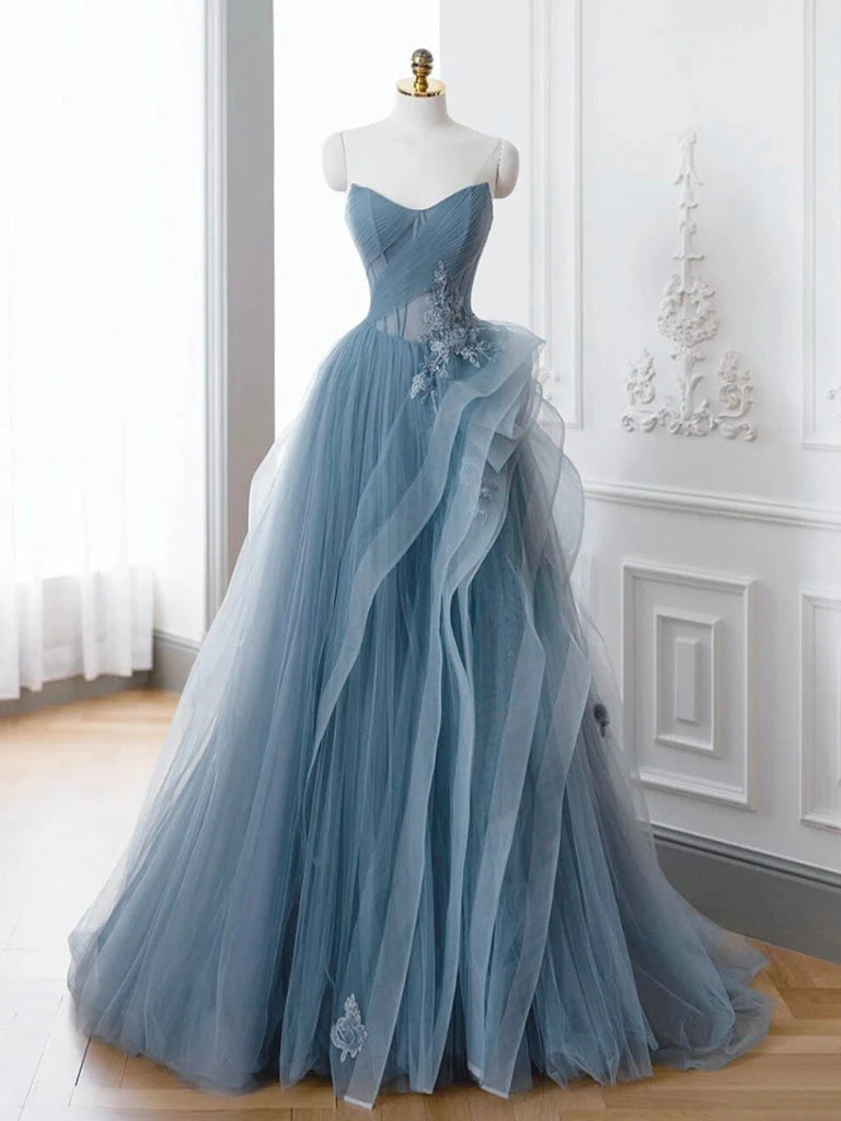 Buyishang A-Line off Shoulder Tulle Lace Gray Blue Long Prom Dress Blue Long Formal Dress