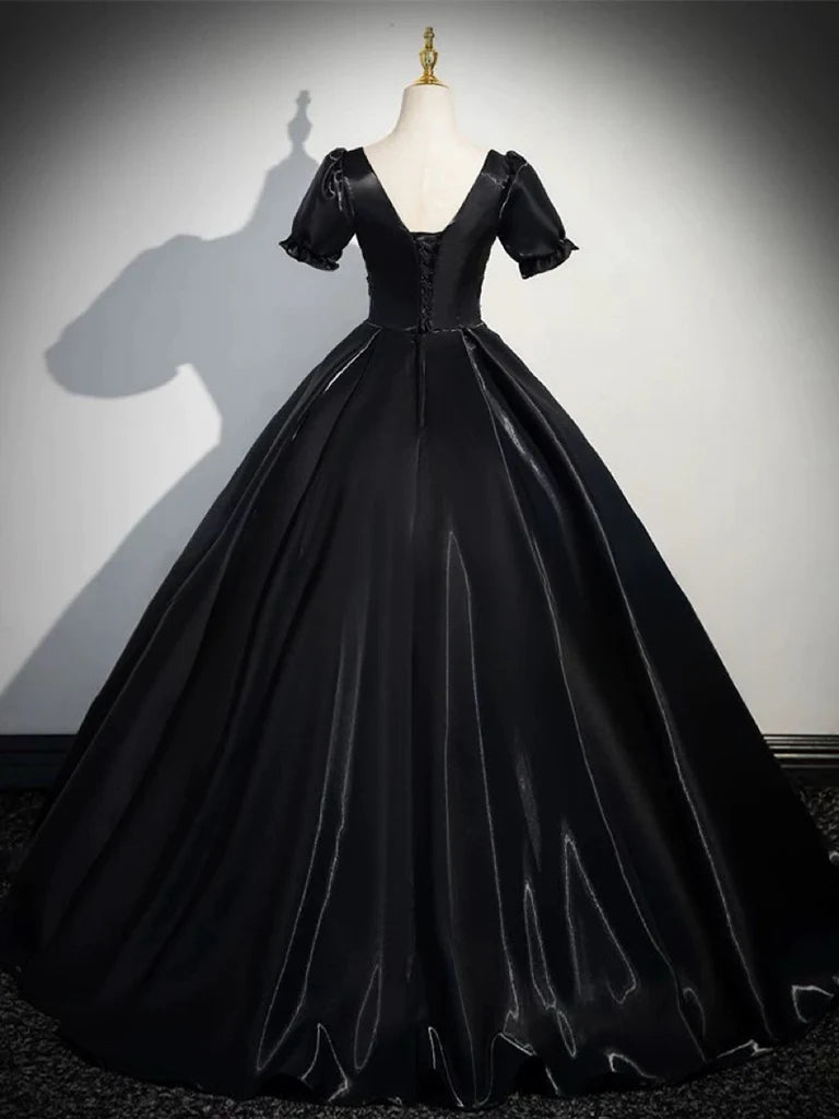 Buyishang A-Line Short Sleeve Black Satin Long Prom Dress Black Long Formal Dress