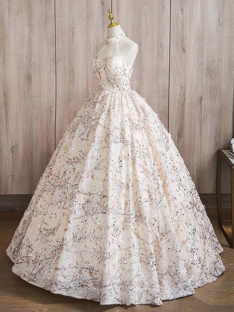 Buyishang A-Line High Neck Lace Champagne Long Prom Dress Champagne Long Formal Dress