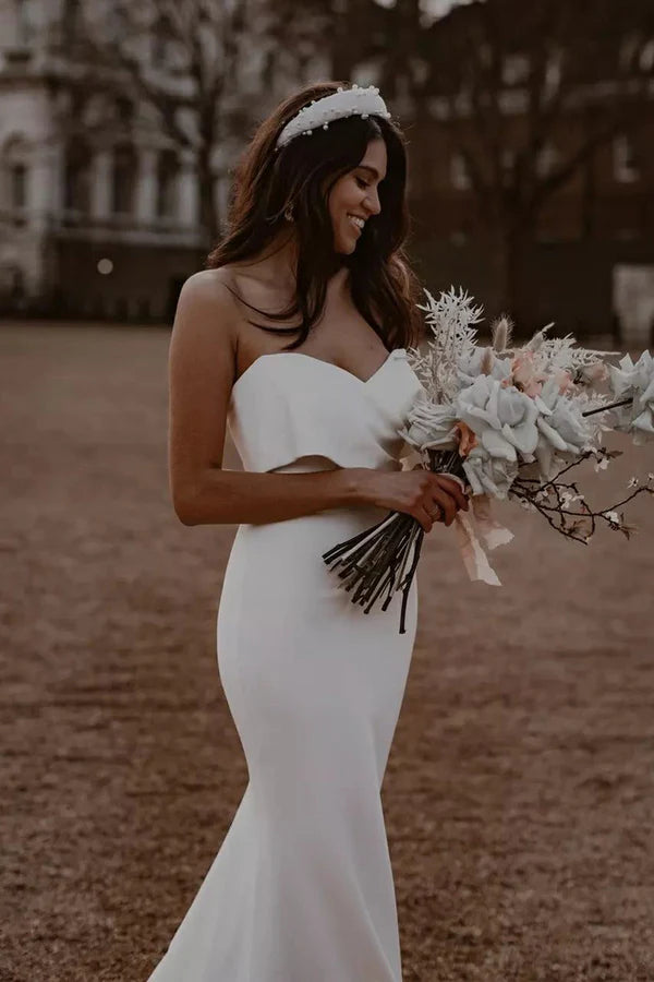 Buyishang Simple Mermaid Sweetheart White Satin Wedding Dresses