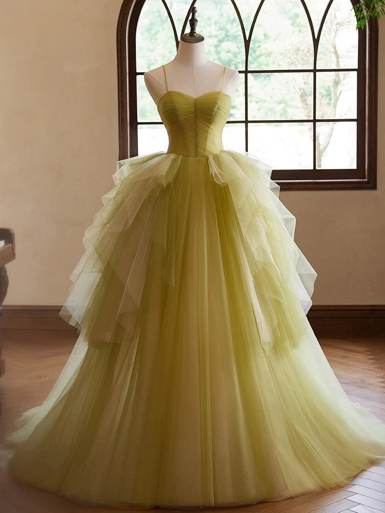 Buyishang A-Line Sweetheart Neck Tulle Green Long Prom Dress Green Long Formal Dress