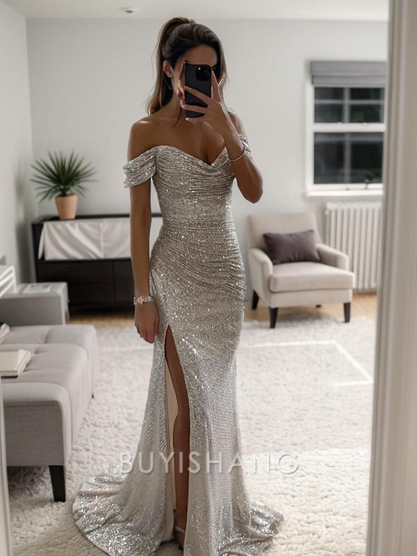 Buyishang Sheath/Column Ruched Off-the-Shoulder Sleeveless Sweep/Brush Train Dresses