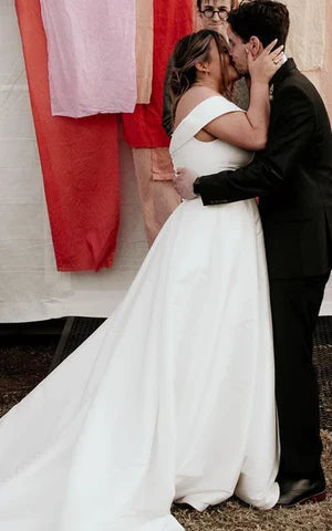 Buyishang Romantic Off-the-shoulder A-Line Satin Wedding Dress With Button Back