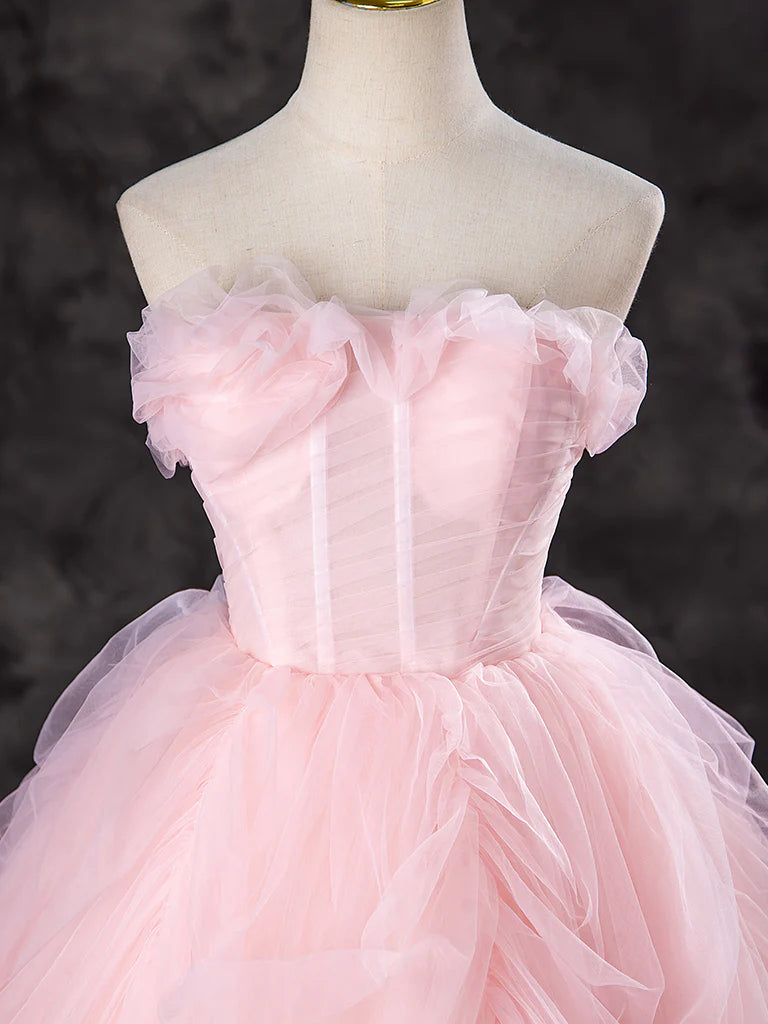 Buyishang A-Line Tulle Pink Long Prom Dress Pink Long Sweet 16 Dress