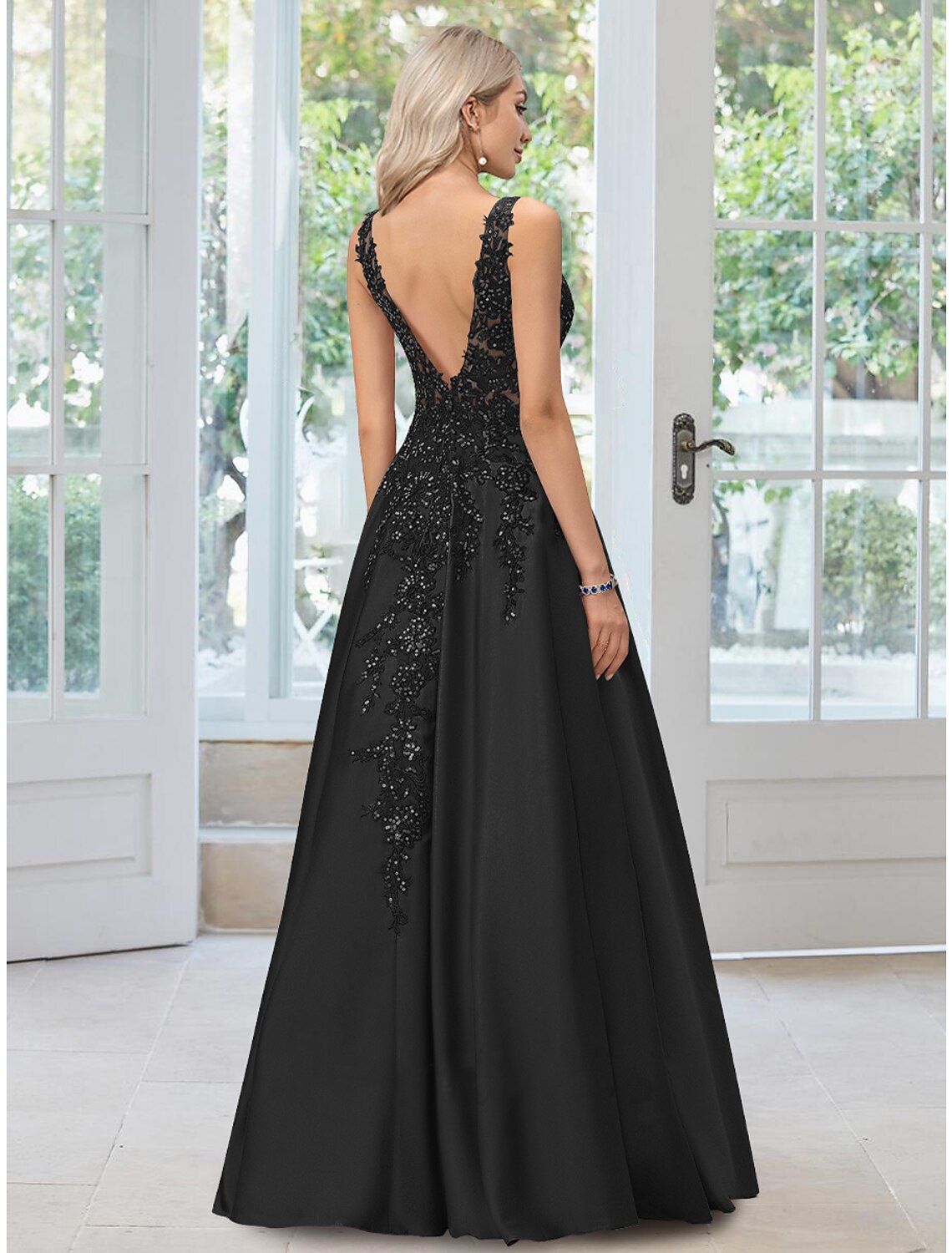 A-Line Evening Gown Floral Dress Formal Black Dress Floor Length Sleeveless