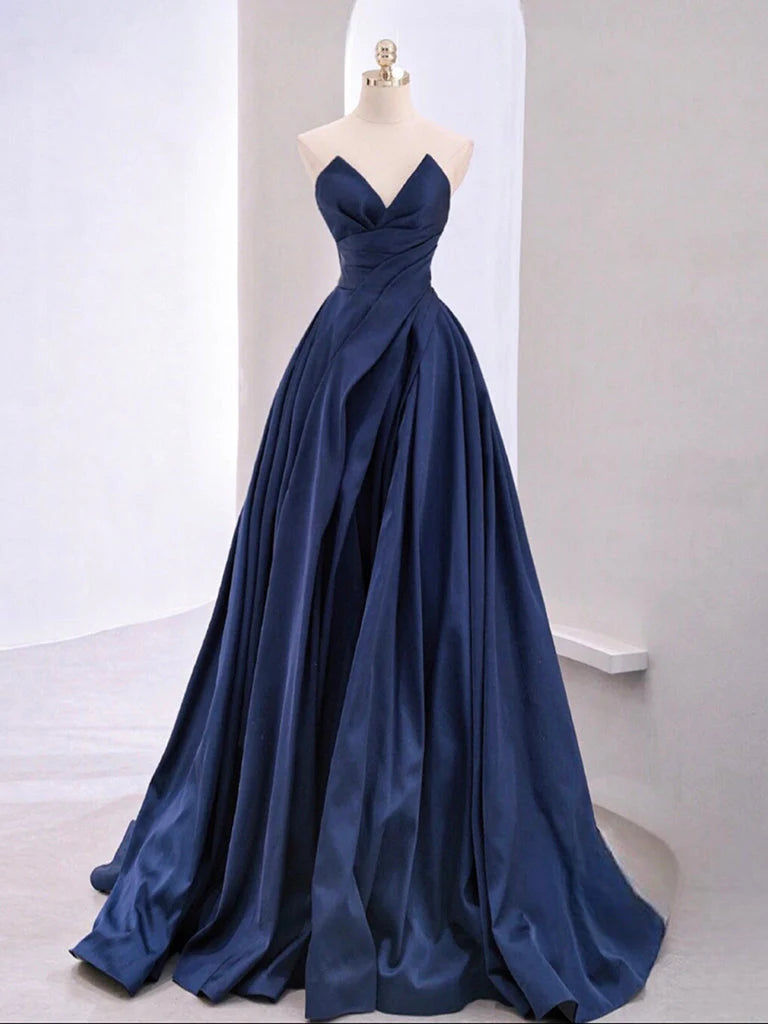 Buyishang A-Line V Neck Satin Dark Blue Long Prom Dress Blue Long Formal Dress
