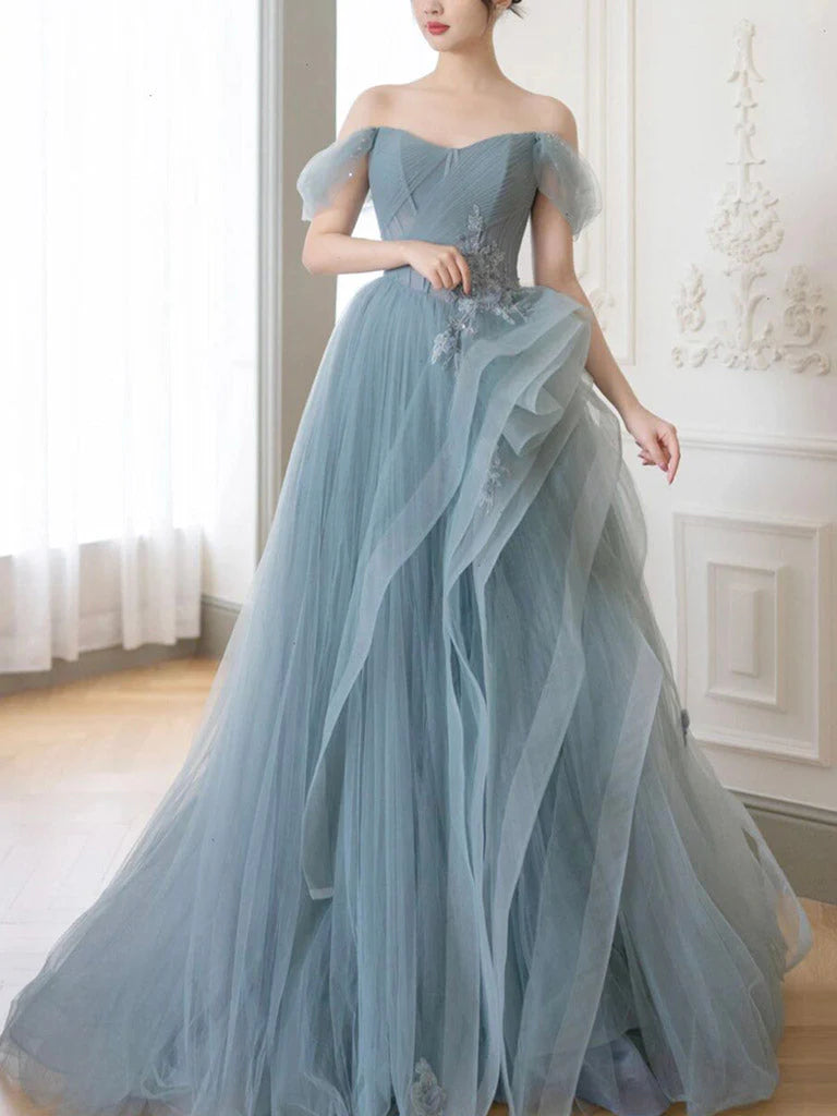 Buyishang A-Line off Shoulder Tulle Lace Gray Blue Long Prom Dress Blue Long Formal Dress