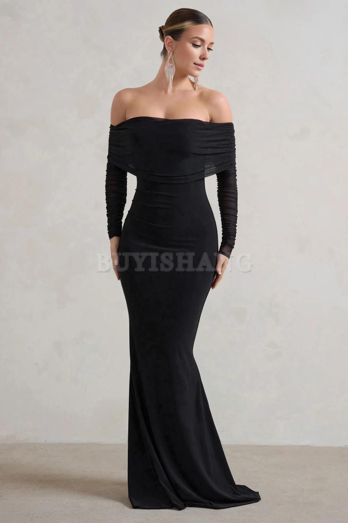 Buyishang Elegant fishtail dress with Bardot mesh long sleeves simple and fashionable stores with prom dresses