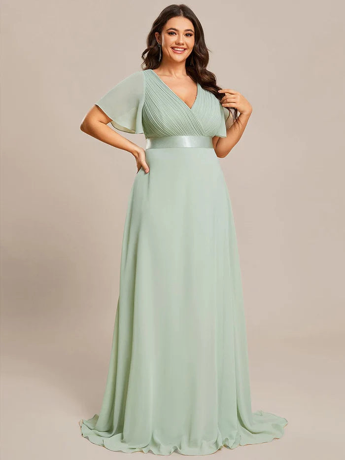 Plus Size Empire Waist V Back Bridesmaid Dress with Short Sleeves/Evening Dresses