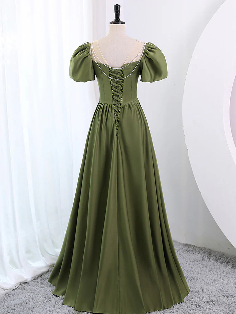 Buyishang A-Line Scoop Neckline Puff Sleeves Satin Long Green Prom Dress Green Formal Dress