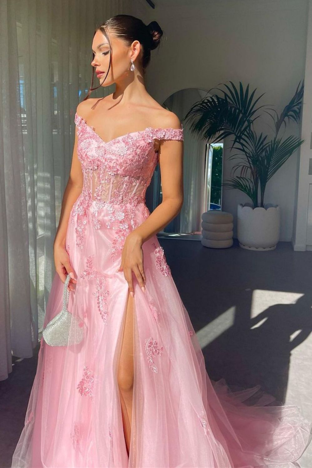 Charming A Line Off the Shoulder Pink Long Prom Dress with Appliques