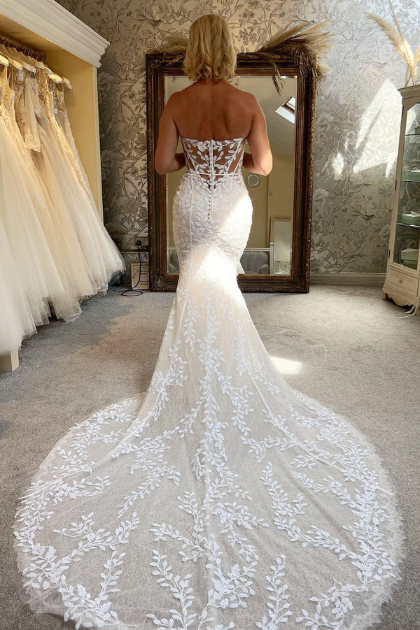 Buyishang Ivory Lace Strapless Mermaid Long Wedding Dress