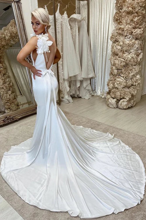 Buyishang White Satin Backless Mermaid Wedding Dress with Flowers
