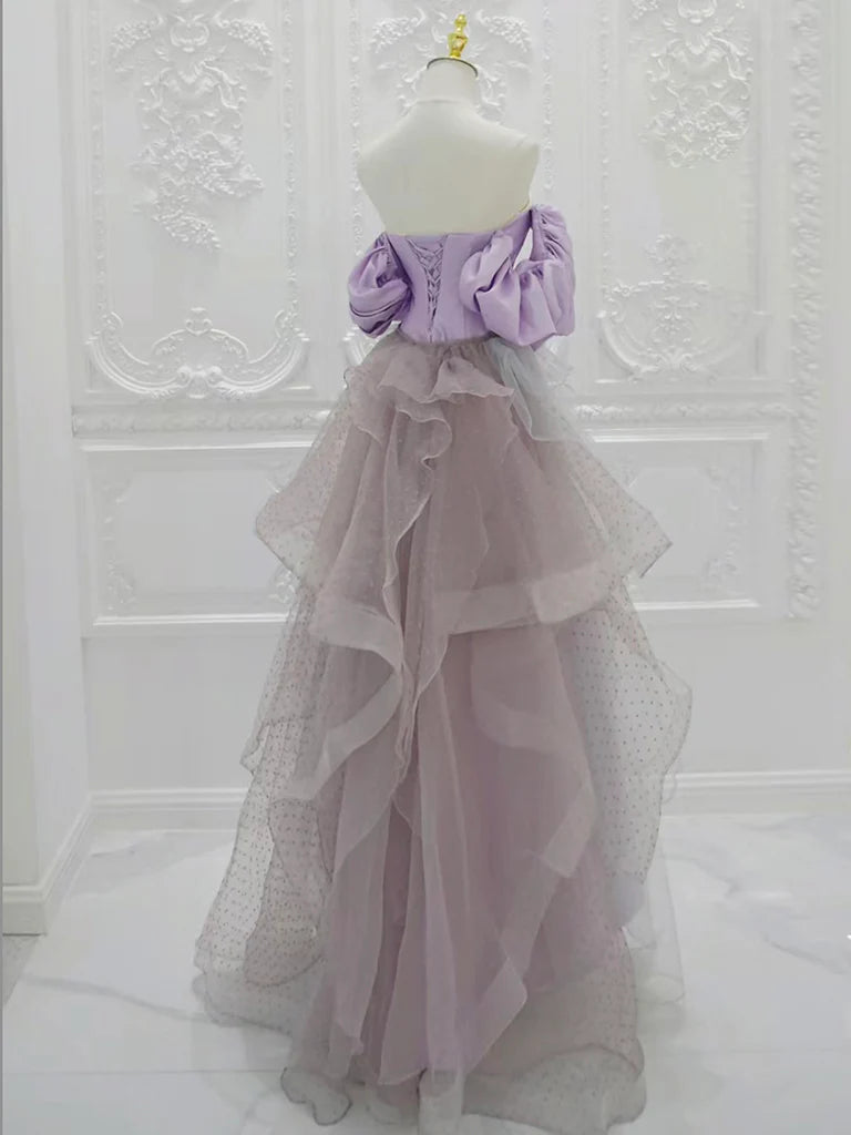 Buyishang A-Line Satin Tulle Purple Long Prom Dress Tulle Purple Long Formal Dress