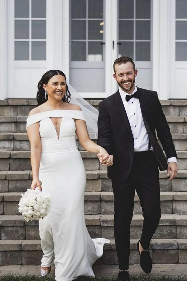 Buyishang Mermaid Off the Shoulder Lace-Up Satin Wedding Dresses