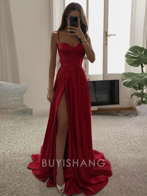 Buyishang A-line Spaghetti Straps Ruffles Sweep Train Silk Like Satin Corset Dress