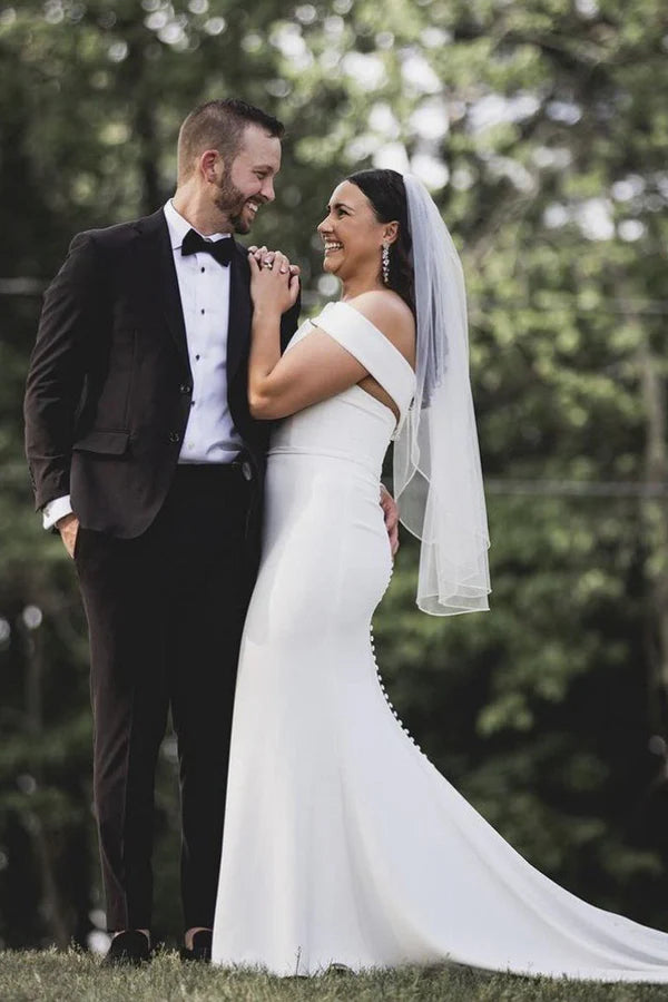 Buyishang Mermaid Off the Shoulder Lace-Up Satin Wedding Dresses