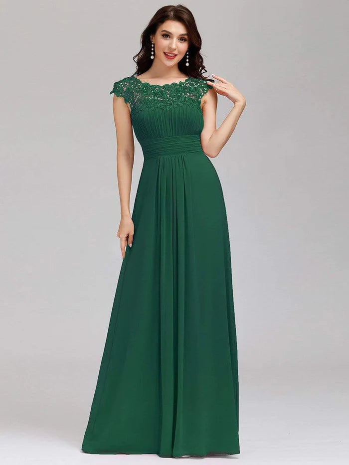 Elegant Lace Cap Sleeve Maxi Long Chiffon Bridesmaid Dress/Evening  Dresses