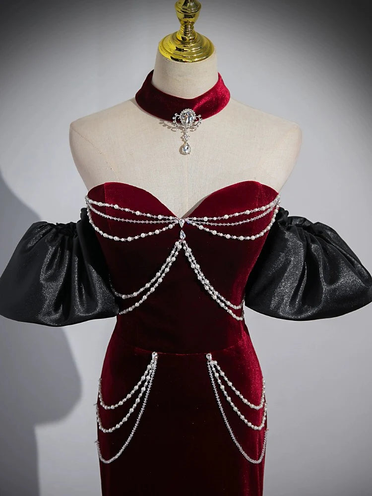 Buyishang Trumpet/Mermaid Velvet Burgundy Long Prom Dress with Beads