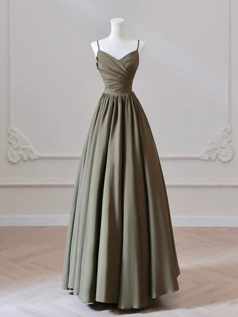 Buyishang A-Line V Neck Satin Olive Green Long Prom Dress Olive Green Long Formal Dress