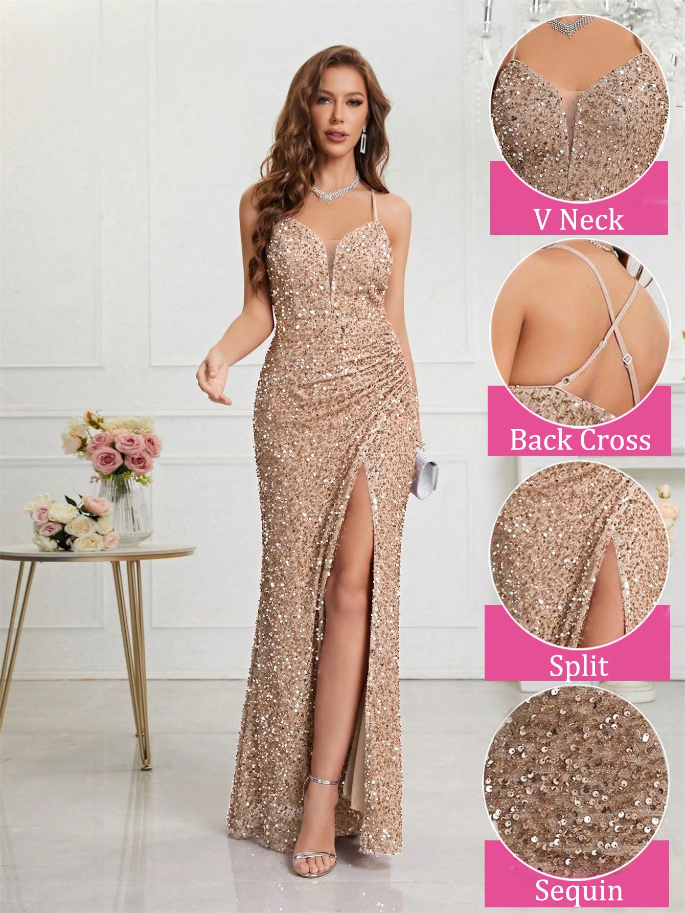 Buyishang Sequin Dress for Women Prom Dress Sexy V-Neck Bodycon Sequin Gowns and Evening Dresses prom shop dresses