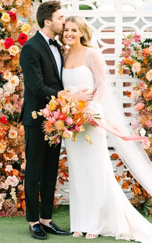 Buyishang Mermaid Satin Simple Wedding Dress With Square Neckline And Long Sleeve