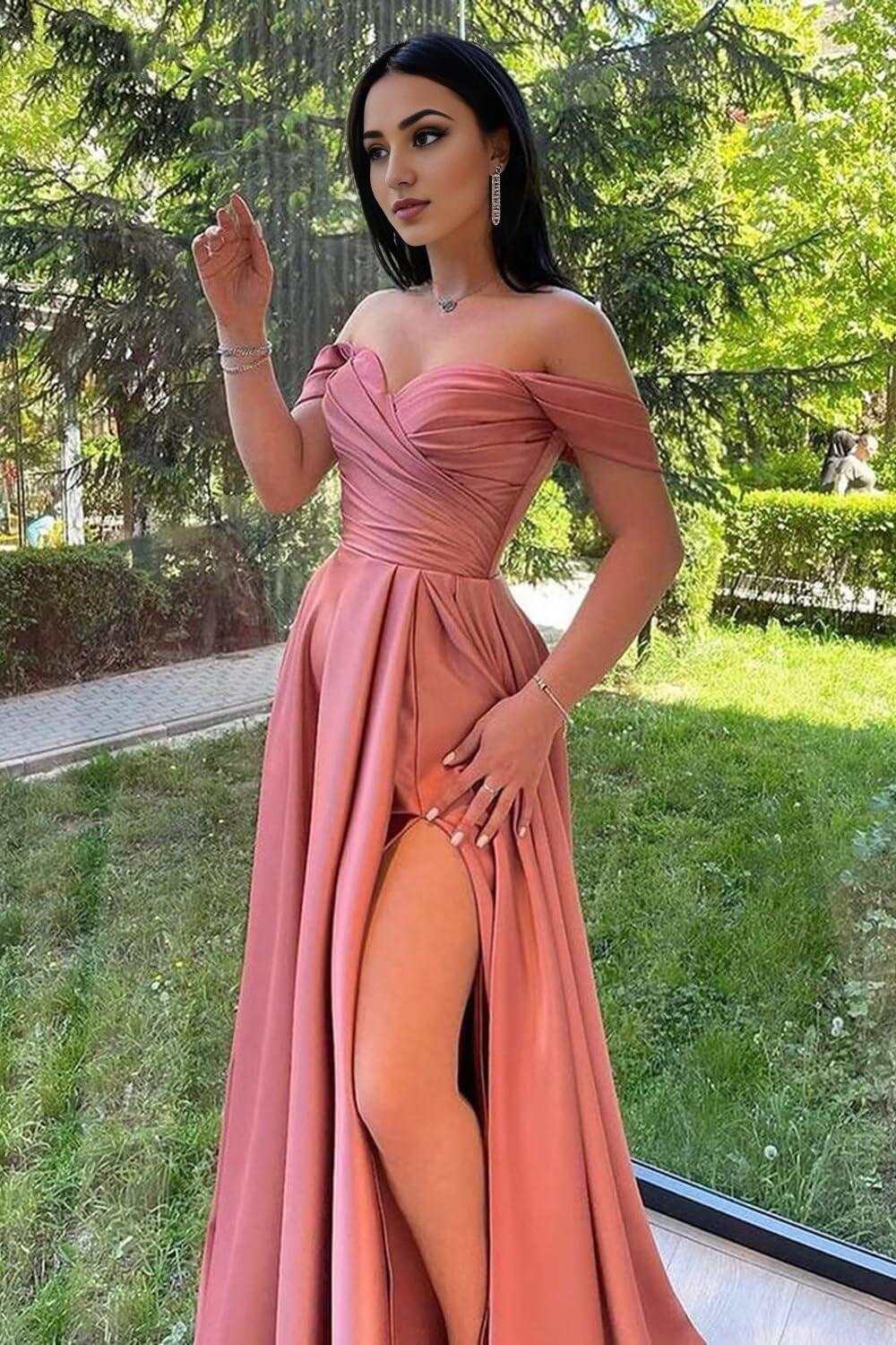 Buyishang Women's Satin Bridesmaid Dresses Off The Shoulder Prom Dresses A Line Pleated Long Formal Evening Party Gowns prom shop dresses ﻿
