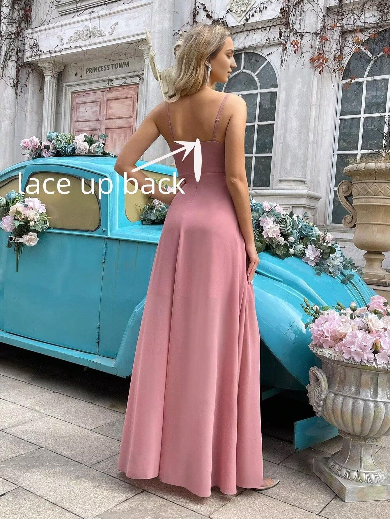 Buyishang Chiffon Bridesmaid Dresses Long for Wedding Women's Cowl Neck Spaghetti Straps Formal Evening Party Gown with Slit prom shop dresses