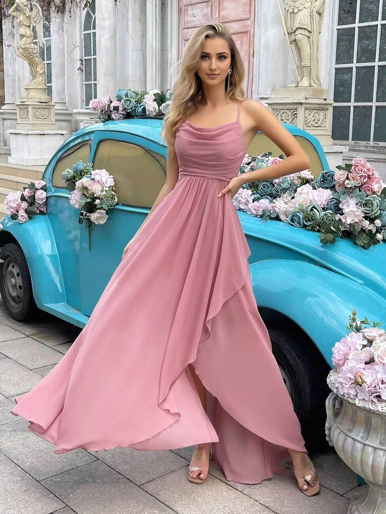 Buyishang Chiffon Bridesmaid Dresses Long for Wedding Women's Cowl Neck Spaghetti Straps Formal Evening Party Gown with Slit prom shop dresses