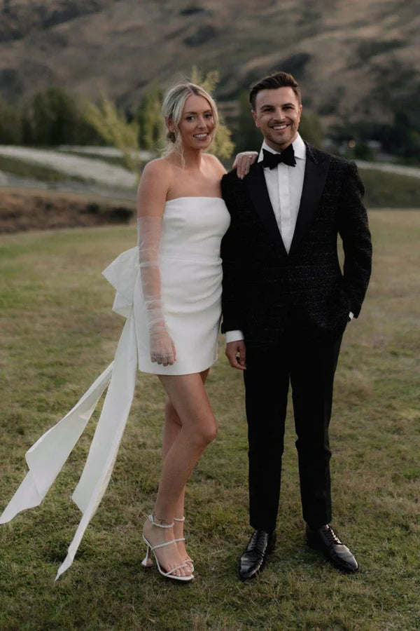 Buyishang Strapless White Satin Short Wedding Dresses with Bow